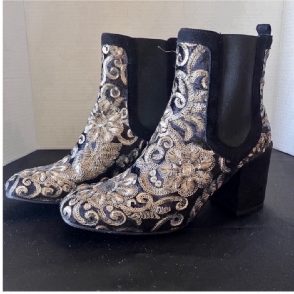 Stuart Weitzman Black and Gold Floral Booties